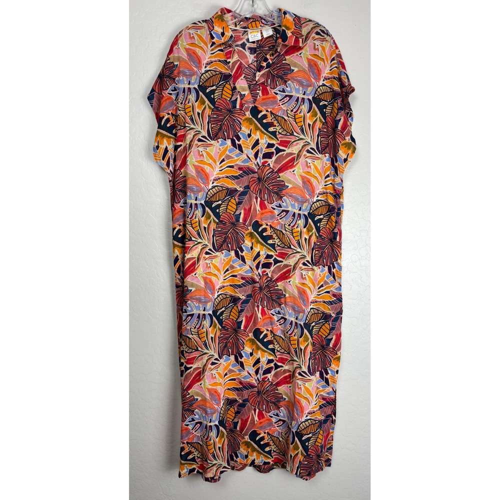 C&C California Womens Tropical Leaf Linen Blend Maxi Dress Orange Pink M 2338